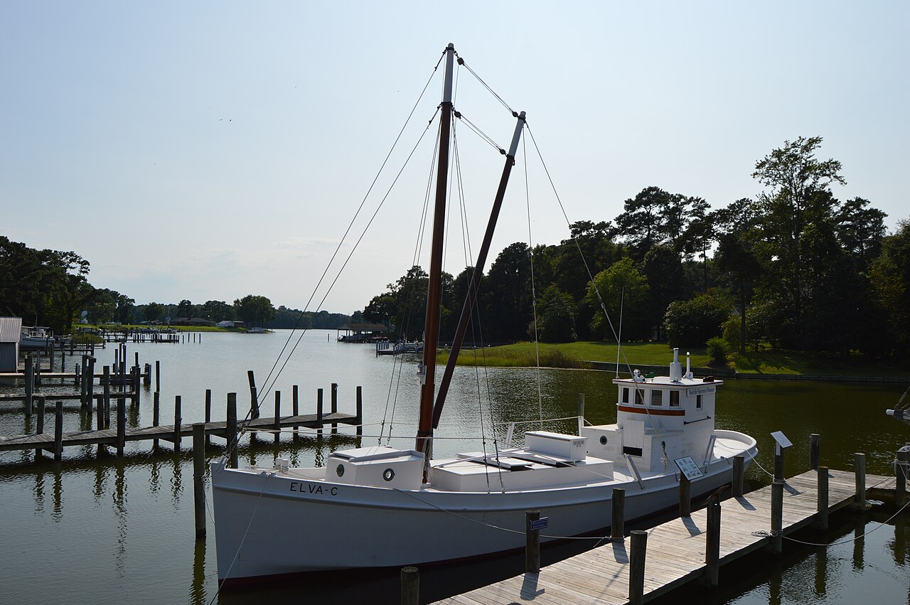 Elva C moored beside a pier at the Reedville Fishermen’s Museum
